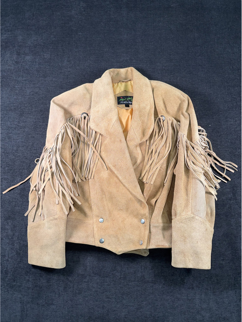 New York Classic Suede Fringe Jacket Tan Leather Western, Large